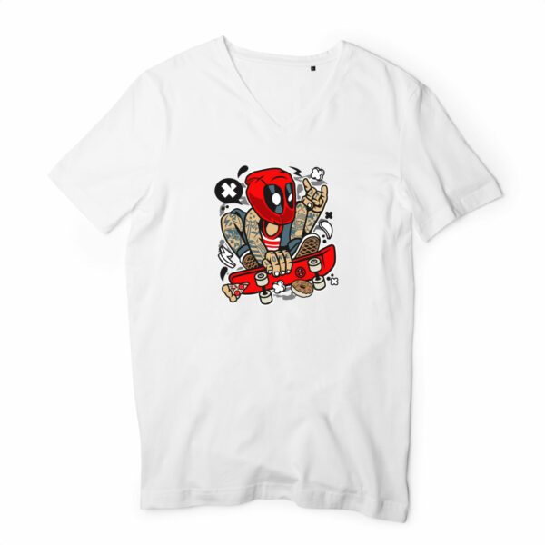 T-shirt Homme Col V - 100 % coton bio - Deadpool Skater